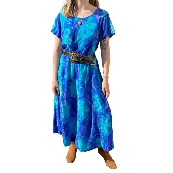 Vintage 90s Womens 100% Silk Blue Tie Dye Maxi Scoop Neck Boho Beach Dress Sz L - Picture 1 of 9